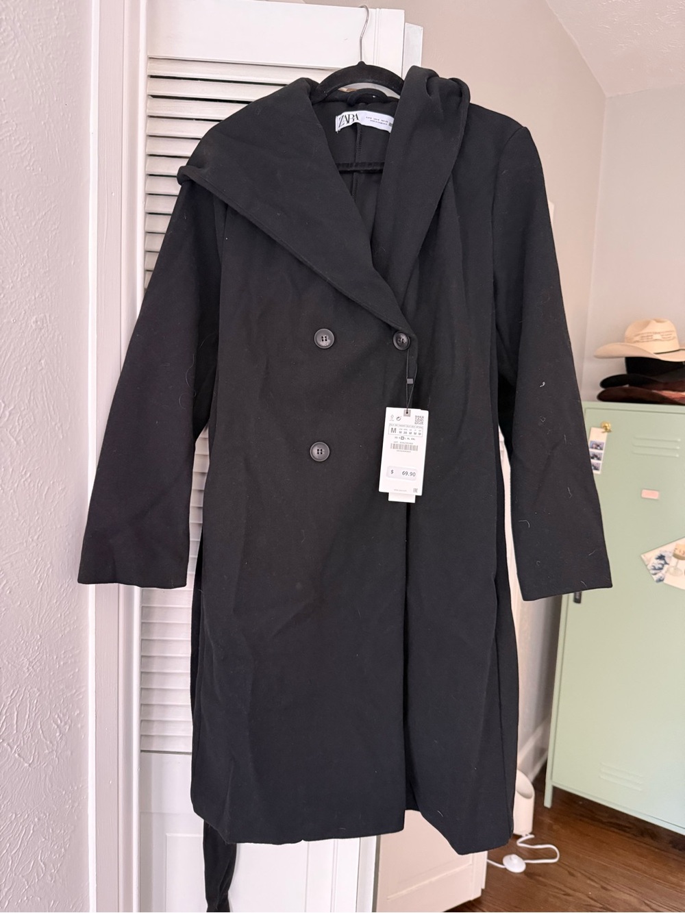 Zara Black Hooded Double-Breasted Trench Coat